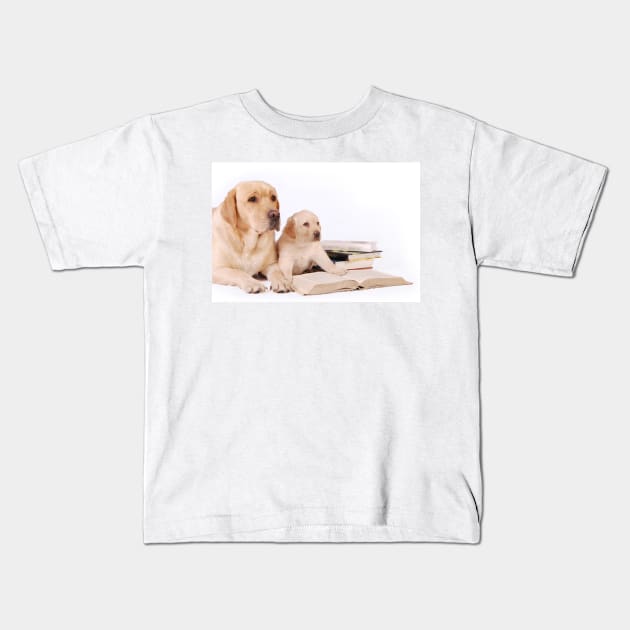 Labrador puppy with his mother and books Kids T-Shirt by PetsArt